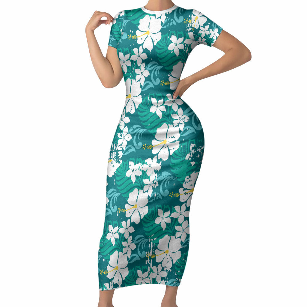 Teal Hawaiian Hibiscus Monstera Short Sleeve Bodycon Dress Grunge Stylized LT01 Long Dress Teal - Polynesian Pride