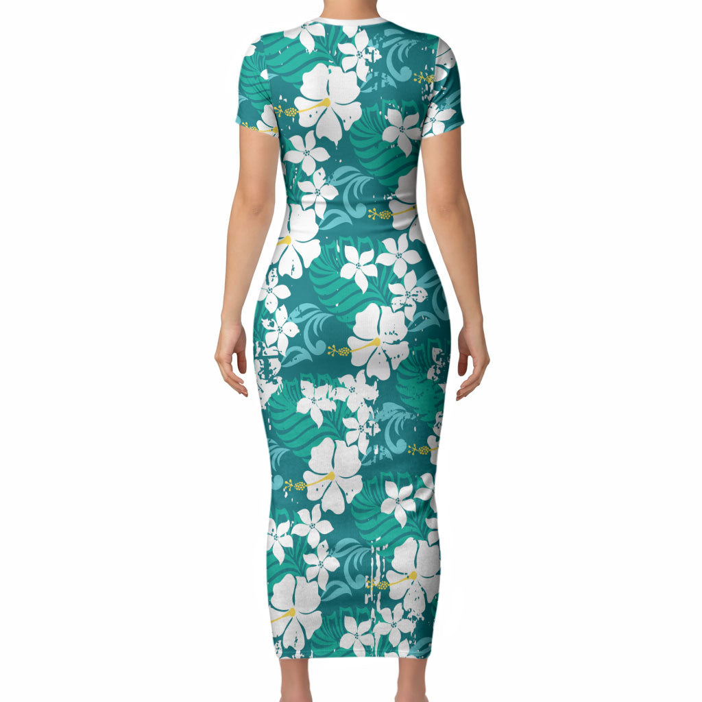 Teal Hawaiian Hibiscus Monstera Short Sleeve Bodycon Dress Grunge Stylized LT01 - Polynesian Pride