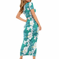 Teal Hawaiian Hibiscus Monstera Short Sleeve Bodycon Dress Grunge Stylized LT01 - Polynesian Pride