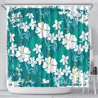 Teal Hawaiian Hibiscus Monstera Shower Curtain Grunge Stylized LT01 - Polynesian Pride