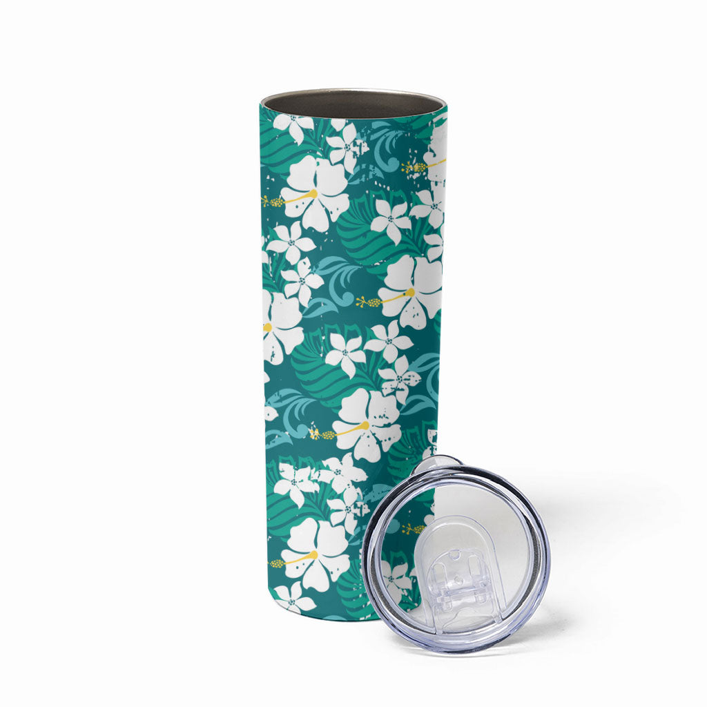 Teal Hawaiian Hibiscus Monstera Skinny Tumbler Grunge Stylized LT01 - Polynesian Pride