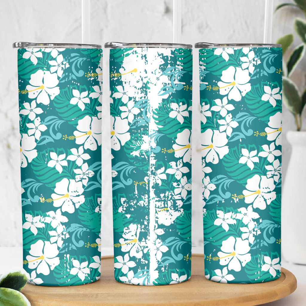 Teal Hawaiian Hibiscus Monstera Skinny Tumbler Grunge Stylized LT01 - Polynesian Pride