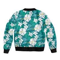 Teal Hawaiian Hibiscus Monstera Sleeve Zip Bomber Jacket Grunge Stylized LT01 - Polynesian Pride