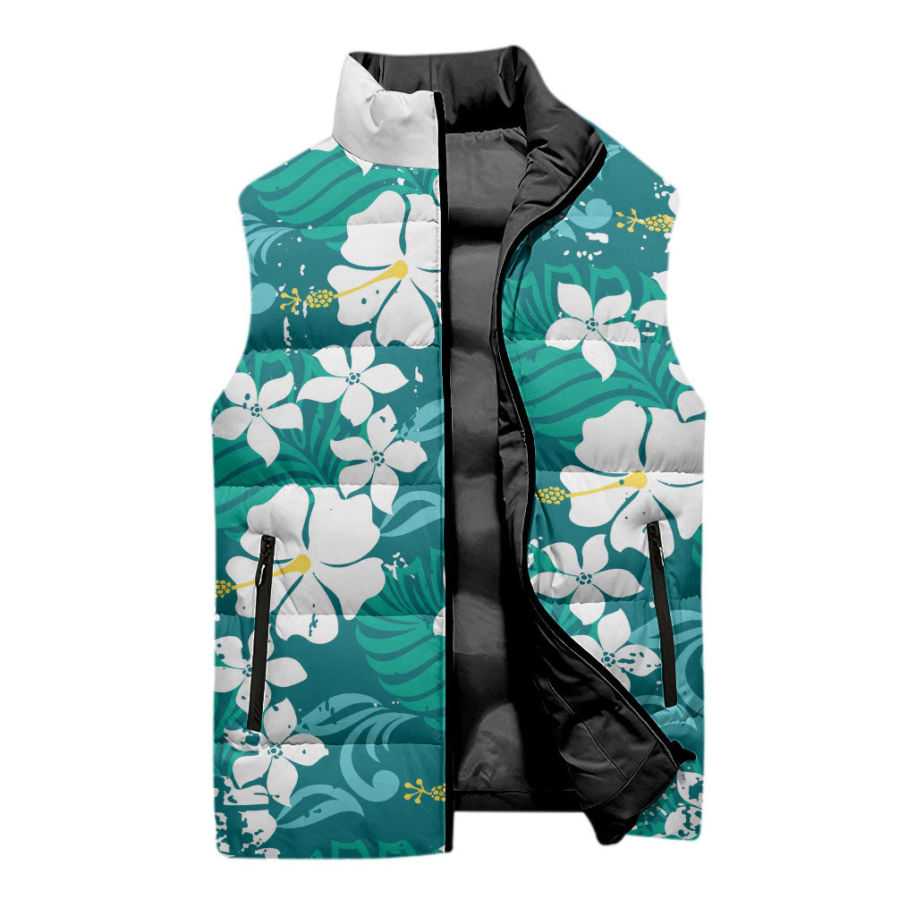 Teal Hawaiian Hibiscus Monstera Sleeveless Puffer Jacket Grunge Stylized LT01 - Polynesian Pride