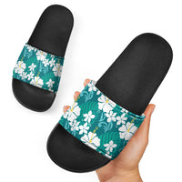 Teal Hawaiian Hibiscus Monstera Slide Sandals Grunge Stylized