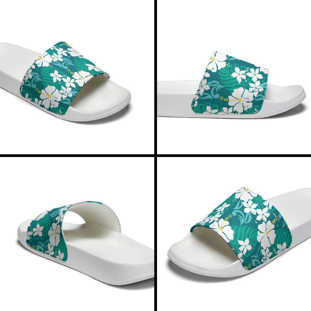 Teal Hawaiian Hibiscus Monstera Slide Sandals Grunge Stylized