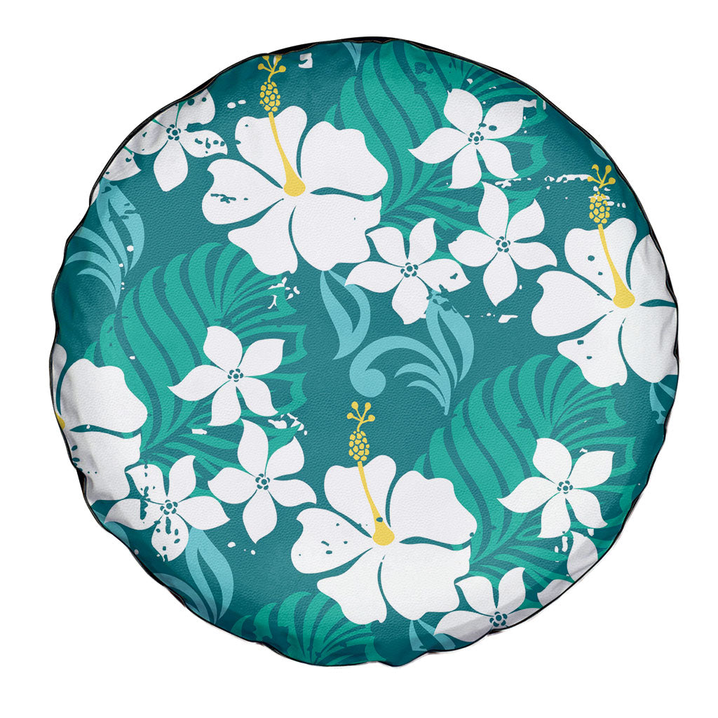 Teal Hawaiian Hibiscus Monstera Spare Tire Cover Grunge Stylized LT01 - Polynesian Pride