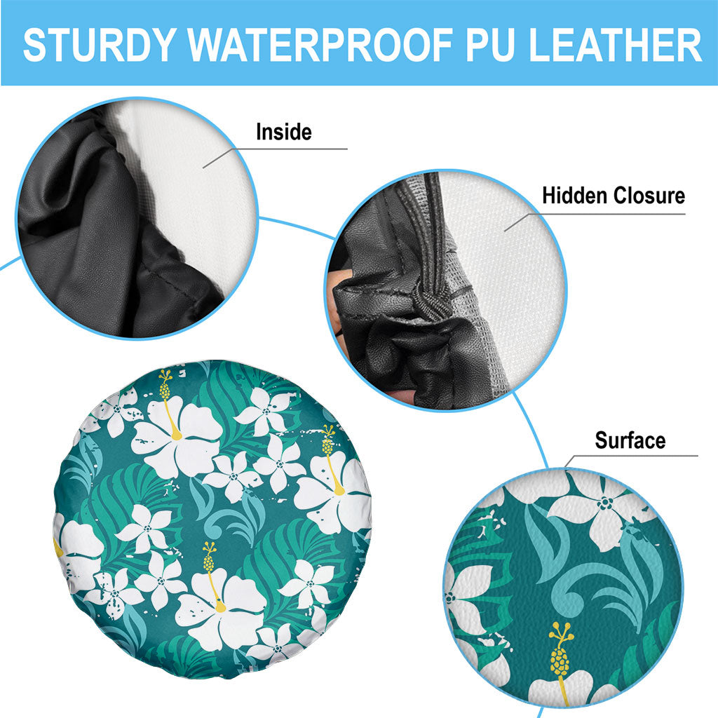 Teal Hawaiian Hibiscus Monstera Spare Tire Cover Grunge Stylized LT01 - Polynesian Pride
