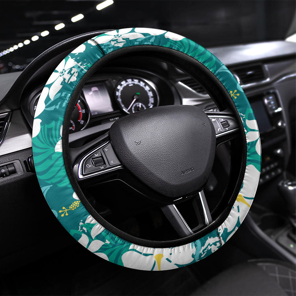 Teal Hawaiian Hibiscus Monstera Steering Wheel Cover Grunge Stylized LT01 Universal Fit Teal - Polynesian Pride