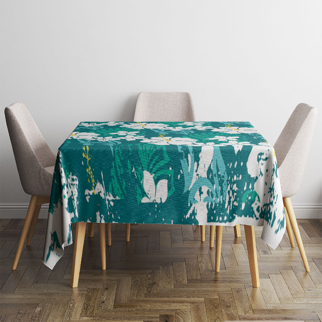 Teal Hawaiian Hibiscus Monstera Tablecloth Grunge Stylized LT01 - Polynesian Pride