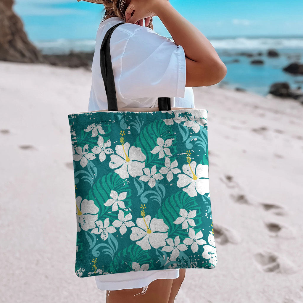 Teal Hawaiian Hibiscus Monstera Tote Bag Grunge Stylized