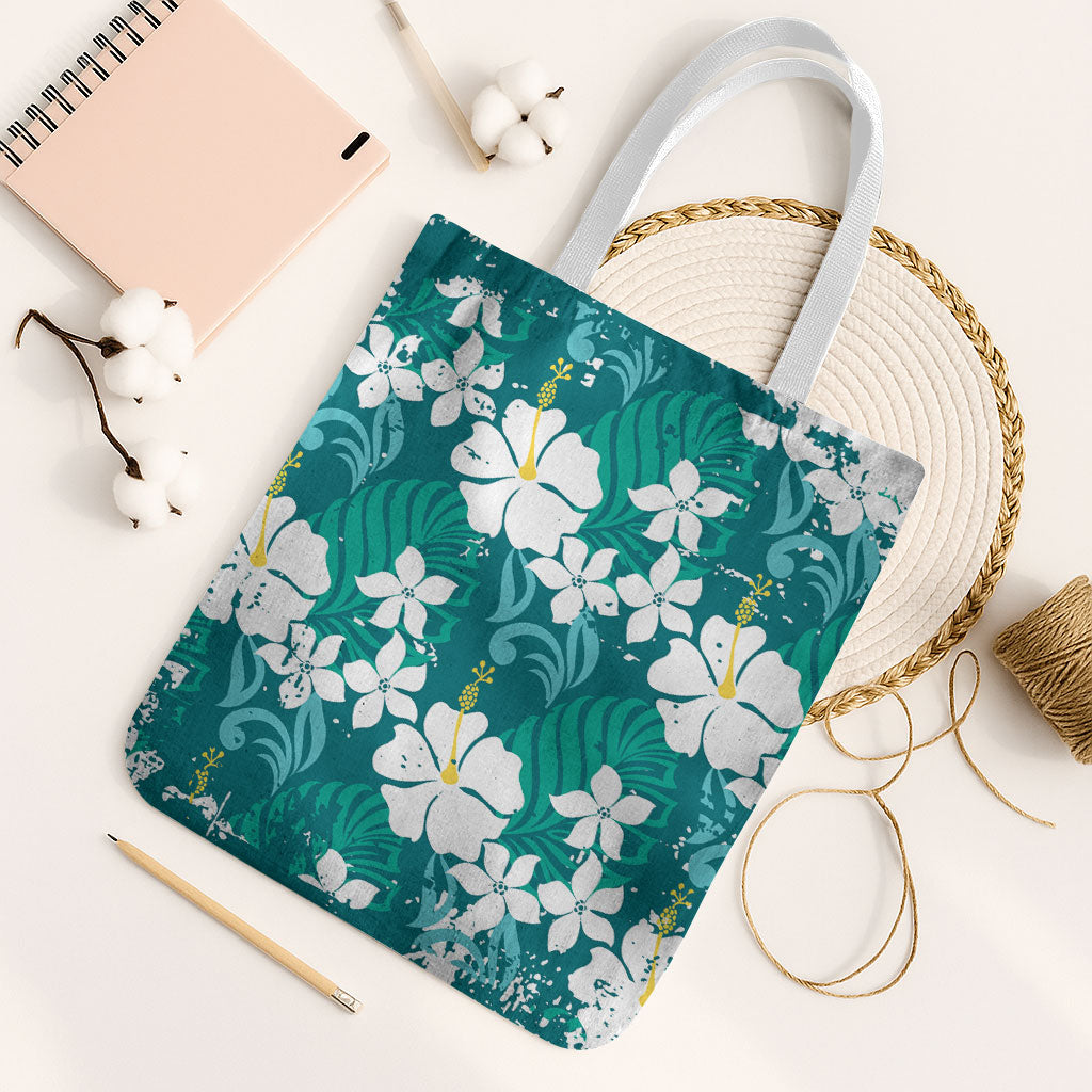 Teal Hawaiian Hibiscus Monstera Tote Bag Grunge Stylized