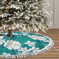 Teal Hawaiian Hibiscus Monstera Tree Skirt Grunge Stylized