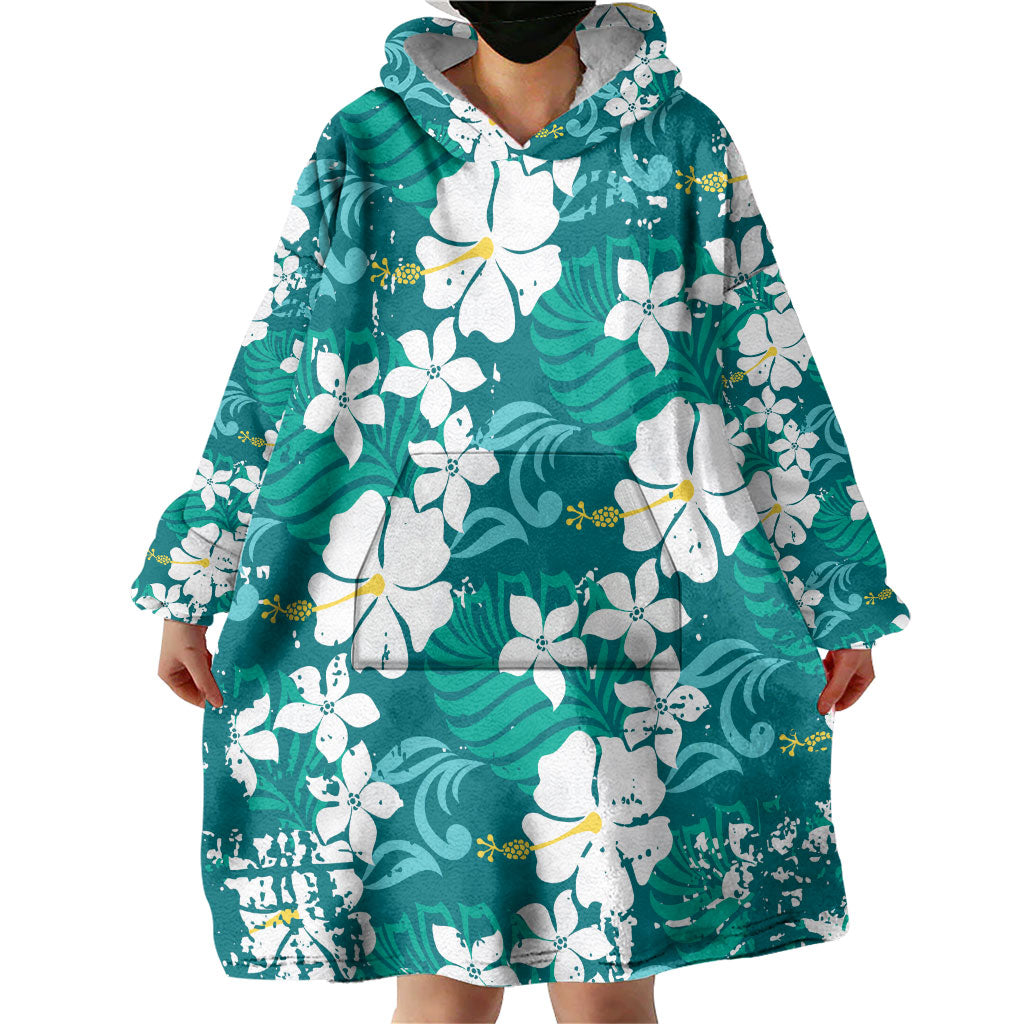 Teal Hawaiian Hibiscus Monstera Wearable Blanket Hoodie Grunge Stylized LT01 - Polynesian Pride