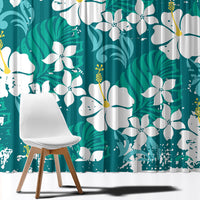 Teal Hawaiian Hibiscus Monstera Window Curtain Grunge Stylized