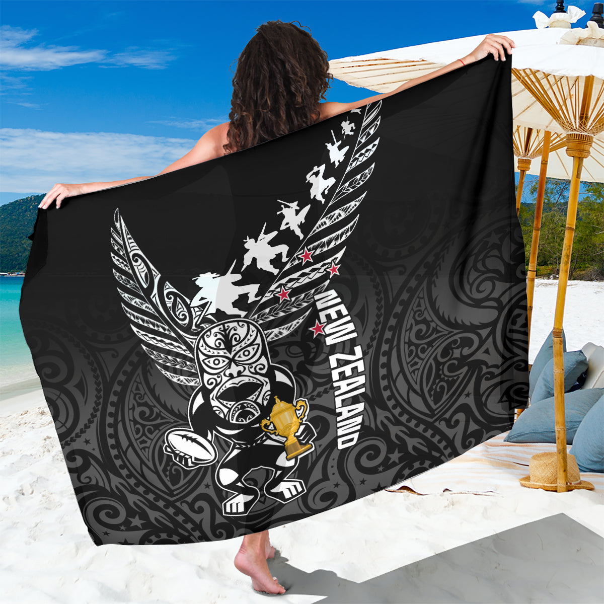 New Zealand Silver Fern Rugby Sarong Aotearoa Champion 2023 World Cup LT01 One Size 44 x 66 inches Black - Polynesian Pride