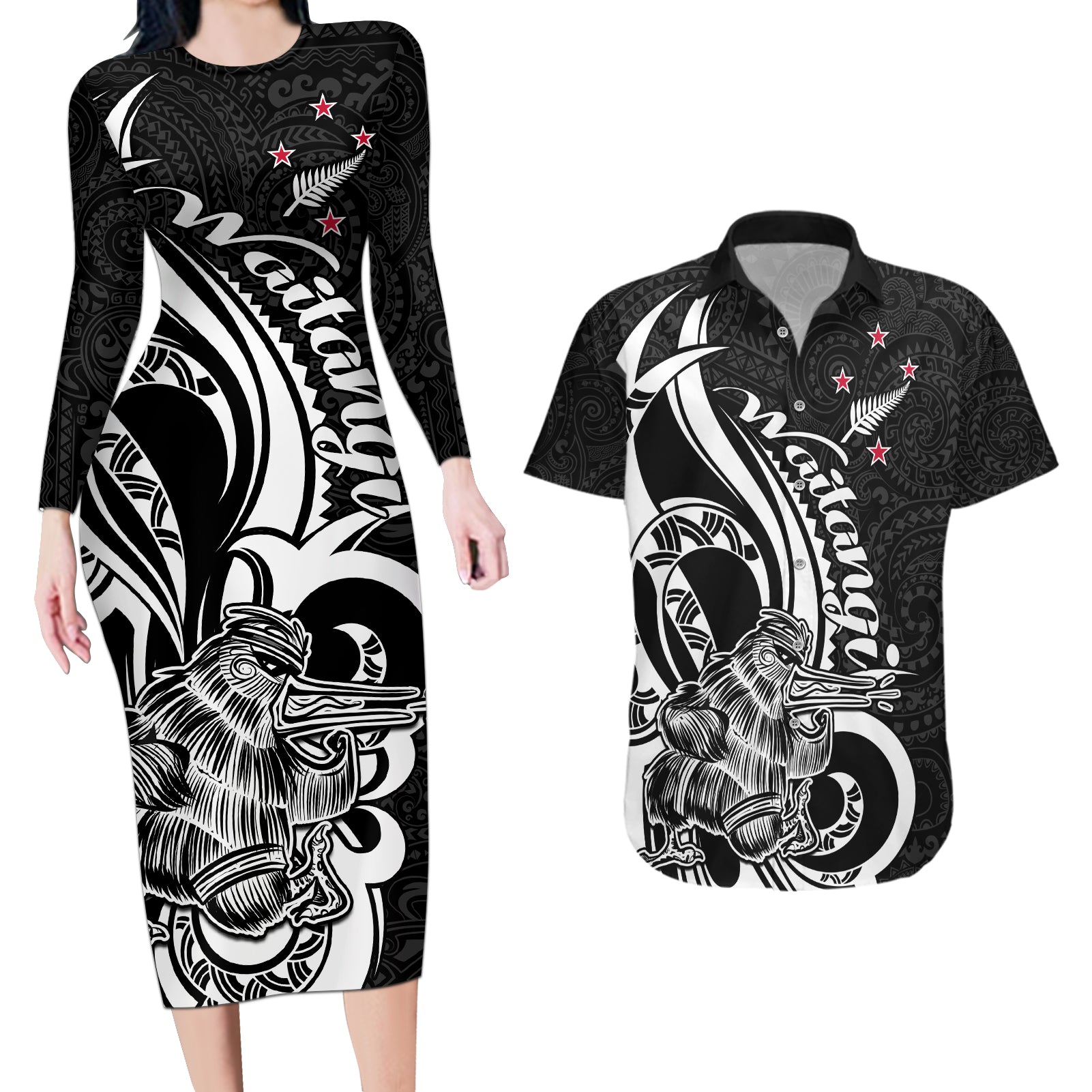 New Zealand Waitangi Day Couples Matching Long Sleeve Bodycon Dress and Hawaiian Shirt Aotearoa Te Tiriti O Waitangi Kiwi Black Version LT01 Black - Polynesian Pride