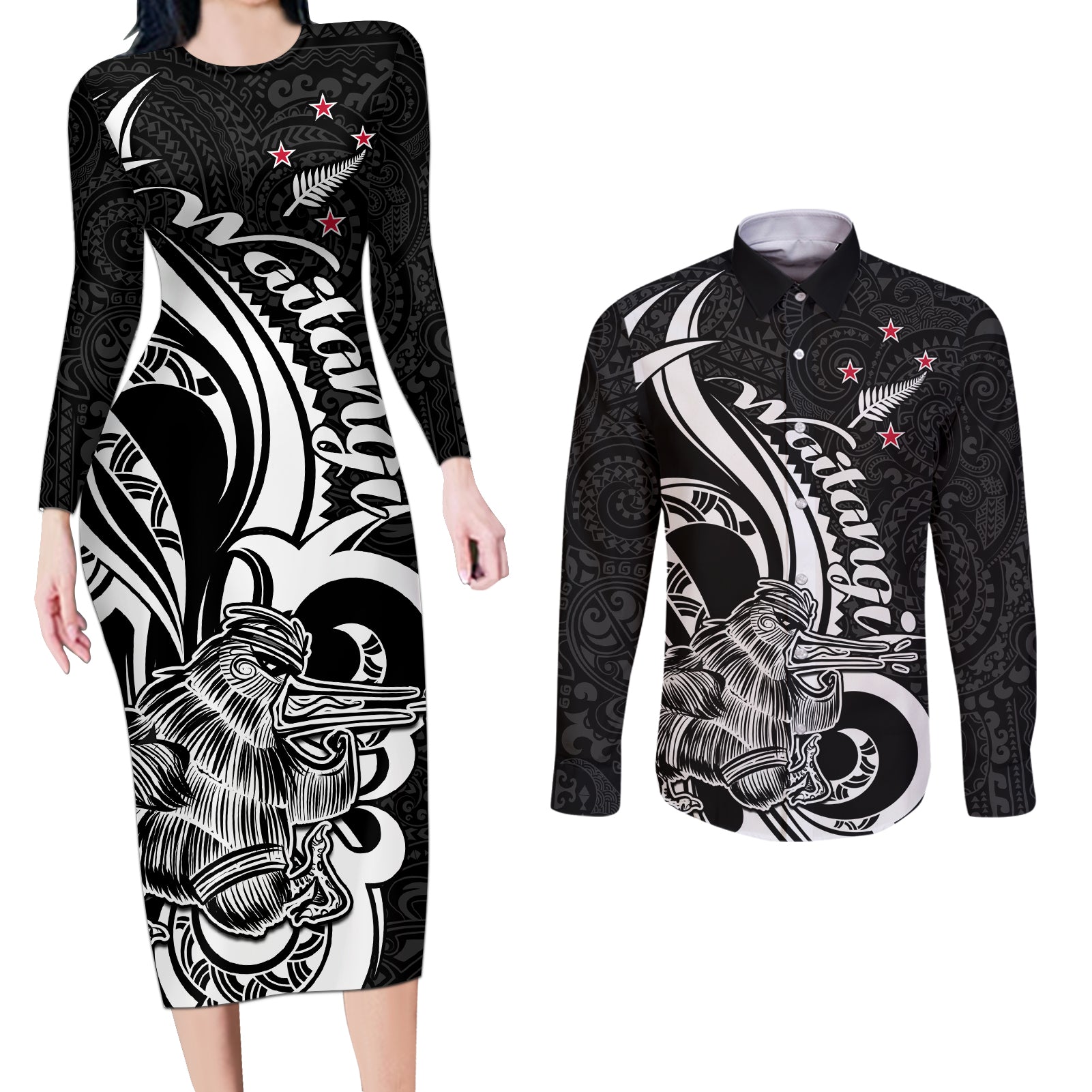 New Zealand Waitangi Day Couples Matching Long Sleeve Bodycon Dress and Long Sleeve Button Shirt Aotearoa Te Tiriti O Waitangi Kiwi Black Version LT01 Black - Polynesian Pride