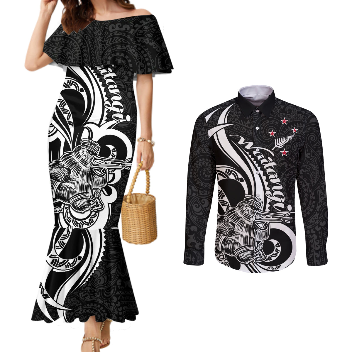 New Zealand Waitangi Day Couples Matching Mermaid Dress and Long Sleeve Button Shirt Aotearoa Te Tiriti O Waitangi Kiwi Black Version LT01 Black - Polynesian Pride