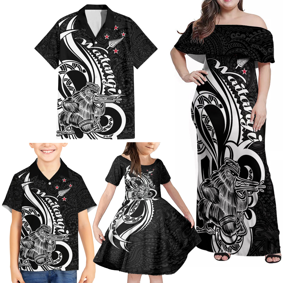 New Zealand Waitangi Day Family Matching Off Shoulder Maxi Dress and Hawaiian Shirt Aotearoa Te Tiriti O Waitangi Kiwi Black Version LT01 - Polynesian Pride