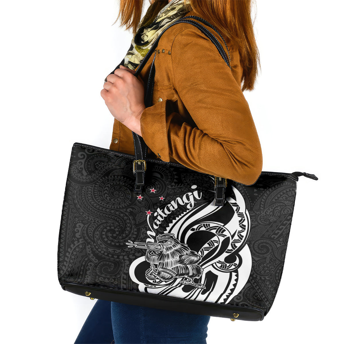 New Zealand Waitangi Day Leather Tote Bag Aotearoa Te Tiriti O Waitangi Kiwi Black Version LT01 Black - Polynesian Pride