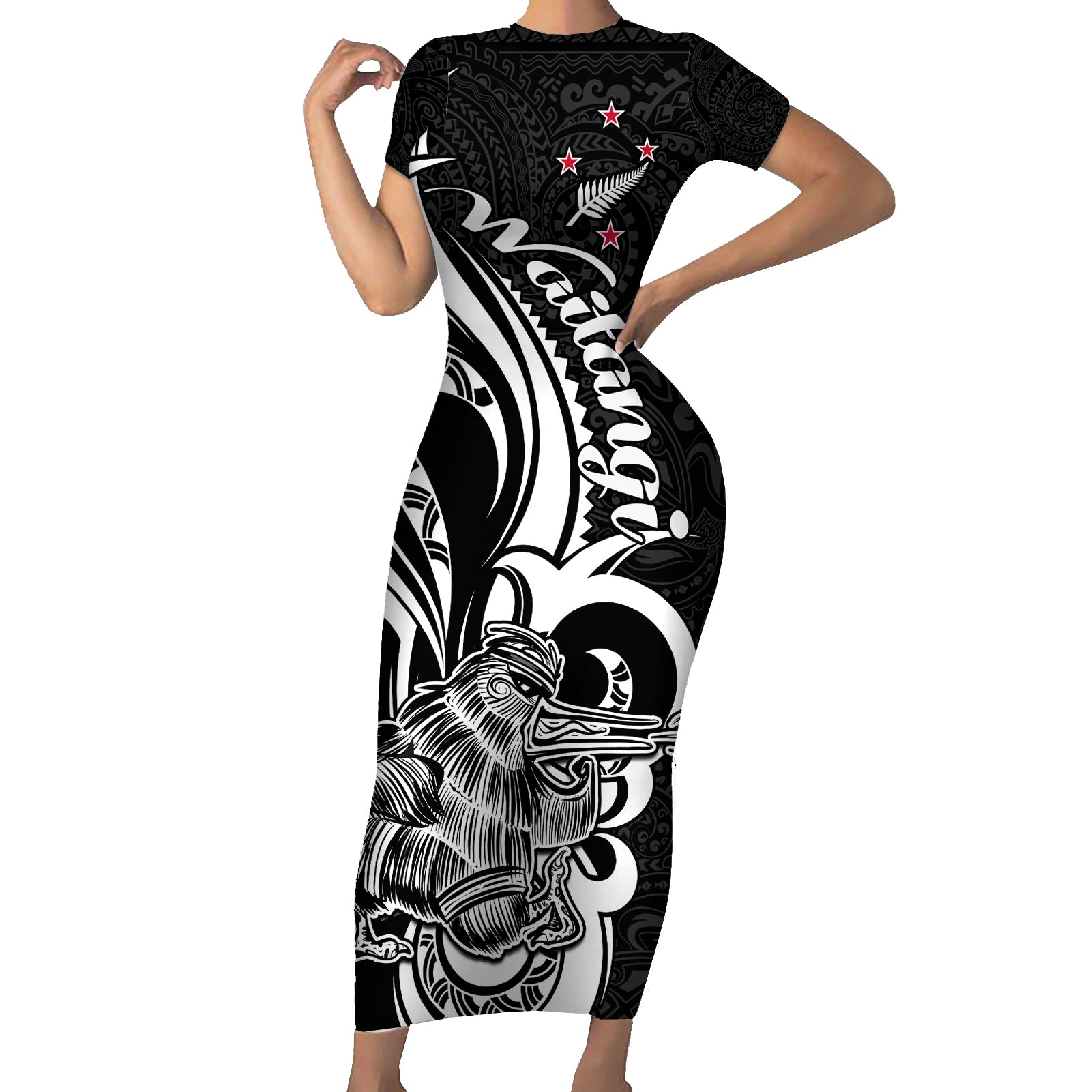 New Zealand Waitangi Day Short Sleeve Bodycon Dress Aotearoa Te Tiriti O Waitangi Kiwi Black Version LT01 Long Dress Black - Polynesian Pride