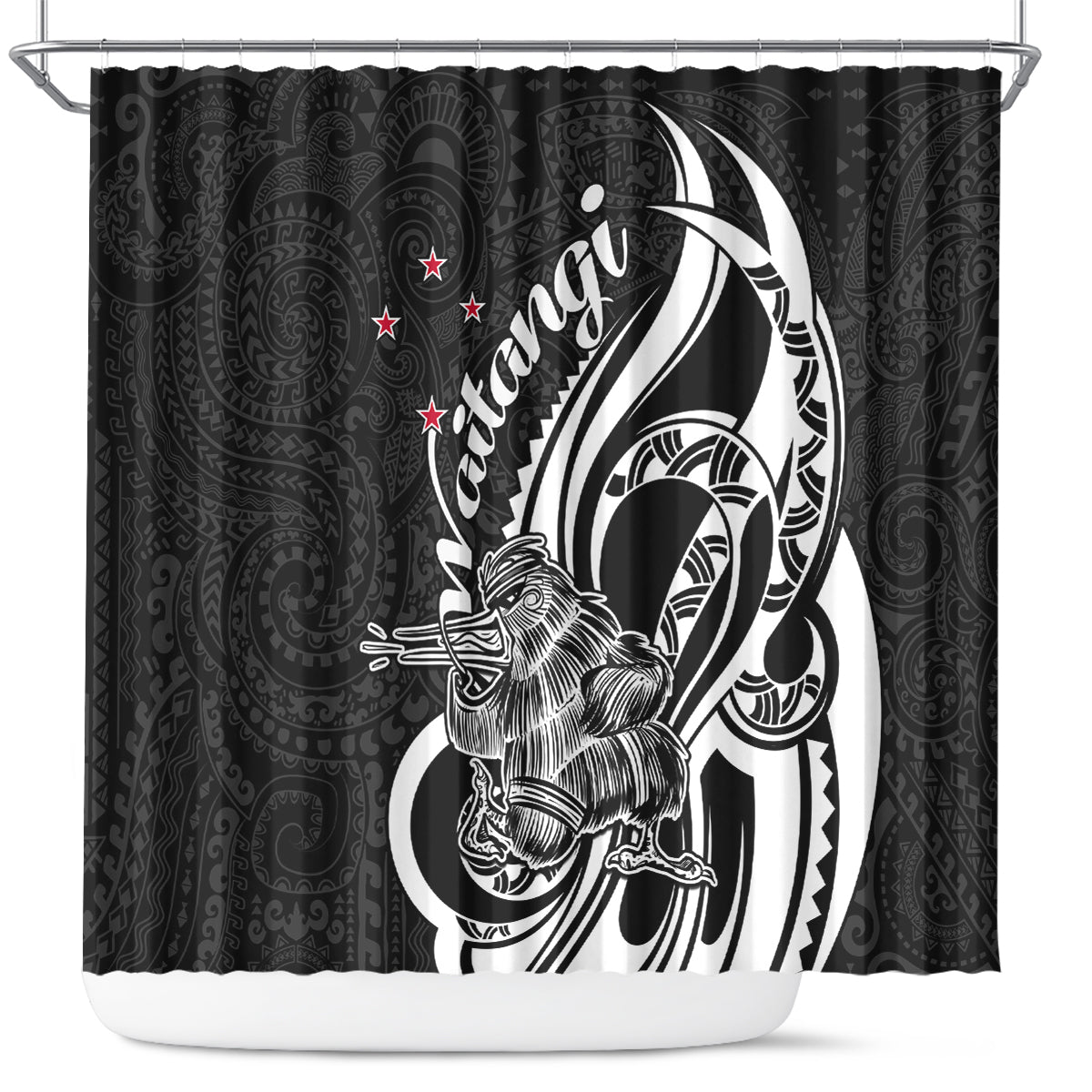 New Zealand Waitangi Day Shower Curtain Aotearoa Te Tiriti O Waitangi Kiwi Black Version LT01 Black - Polynesian Pride