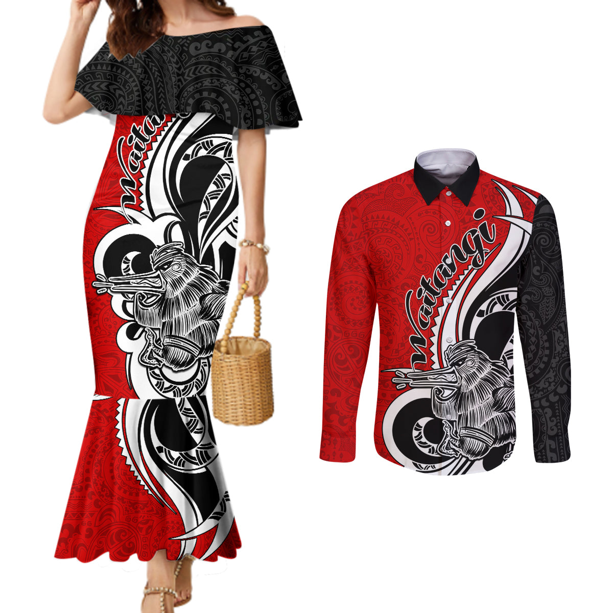 New Zealand Waitangi Day Couples Matching Mermaid Dress and Long Sleeve Button Shirt Aotearoa Te Tiriti O Waitangi Kiwi Red Version LT01 Red - Polynesian Pride