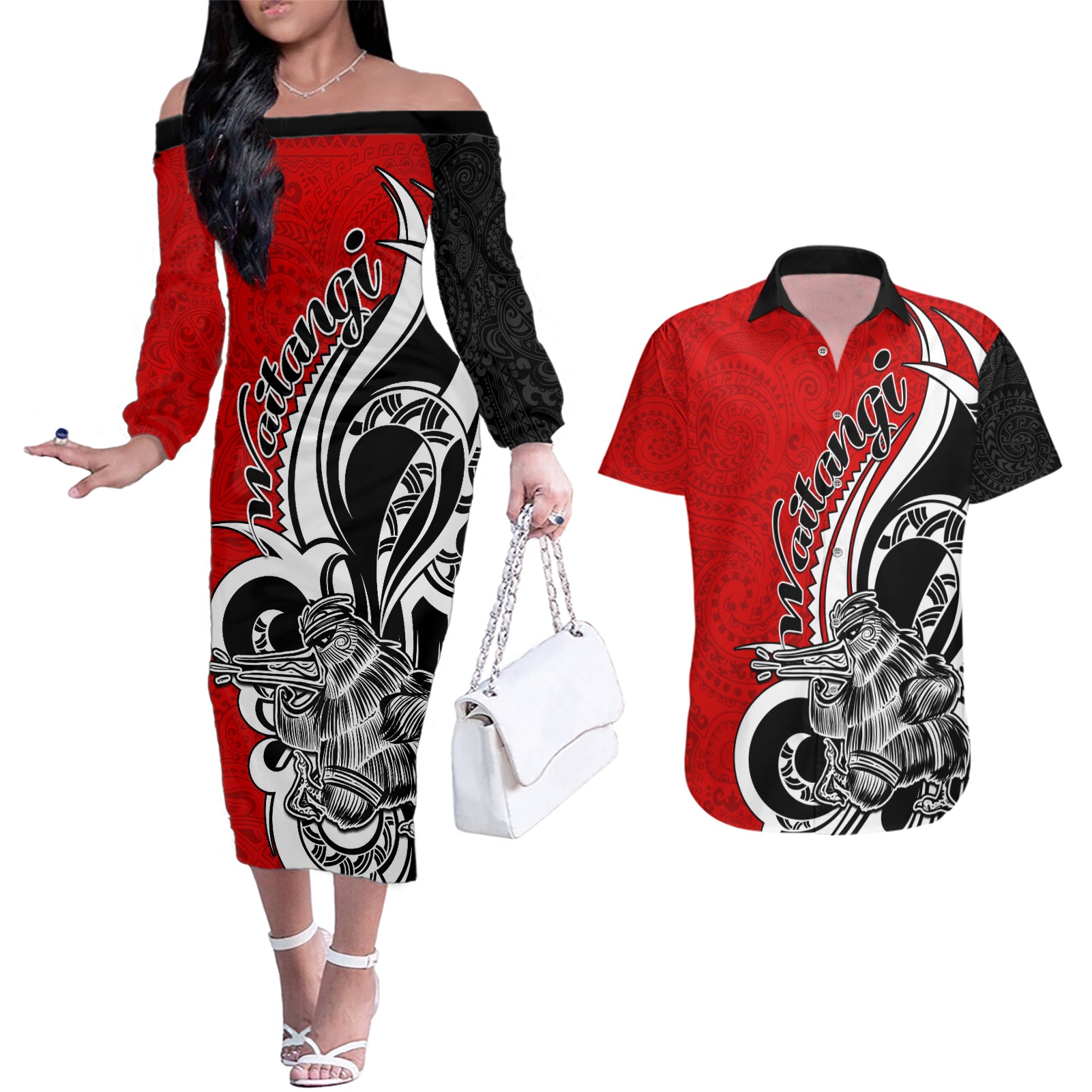 New Zealand Waitangi Day Couples Matching Off The Shoulder Long Sleeve Dress and Hawaiian Shirt Aotearoa Te Tiriti O Waitangi Kiwi Red Version LT01 Red - Polynesian Pride