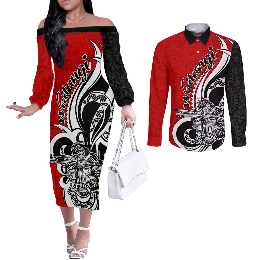 New Zealand Waitangi Day Couples Matching Off The Shoulder Long Sleeve Dress and Long Sleeve Button Shirt Aotearoa Te Tiriti O Waitangi Kiwi Red Version LT01 Red - Polynesian Pride