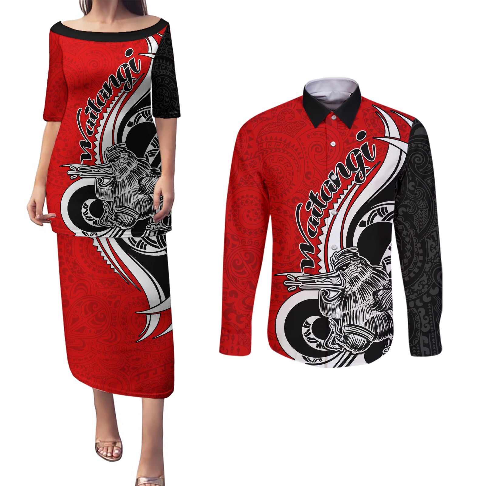 New Zealand Waitangi Day Couples Matching Puletasi Dress and Long Sleeve Button Shirt Aotearoa Te Tiriti O Waitangi Kiwi Red Version LT01 Red - Polynesian Pride