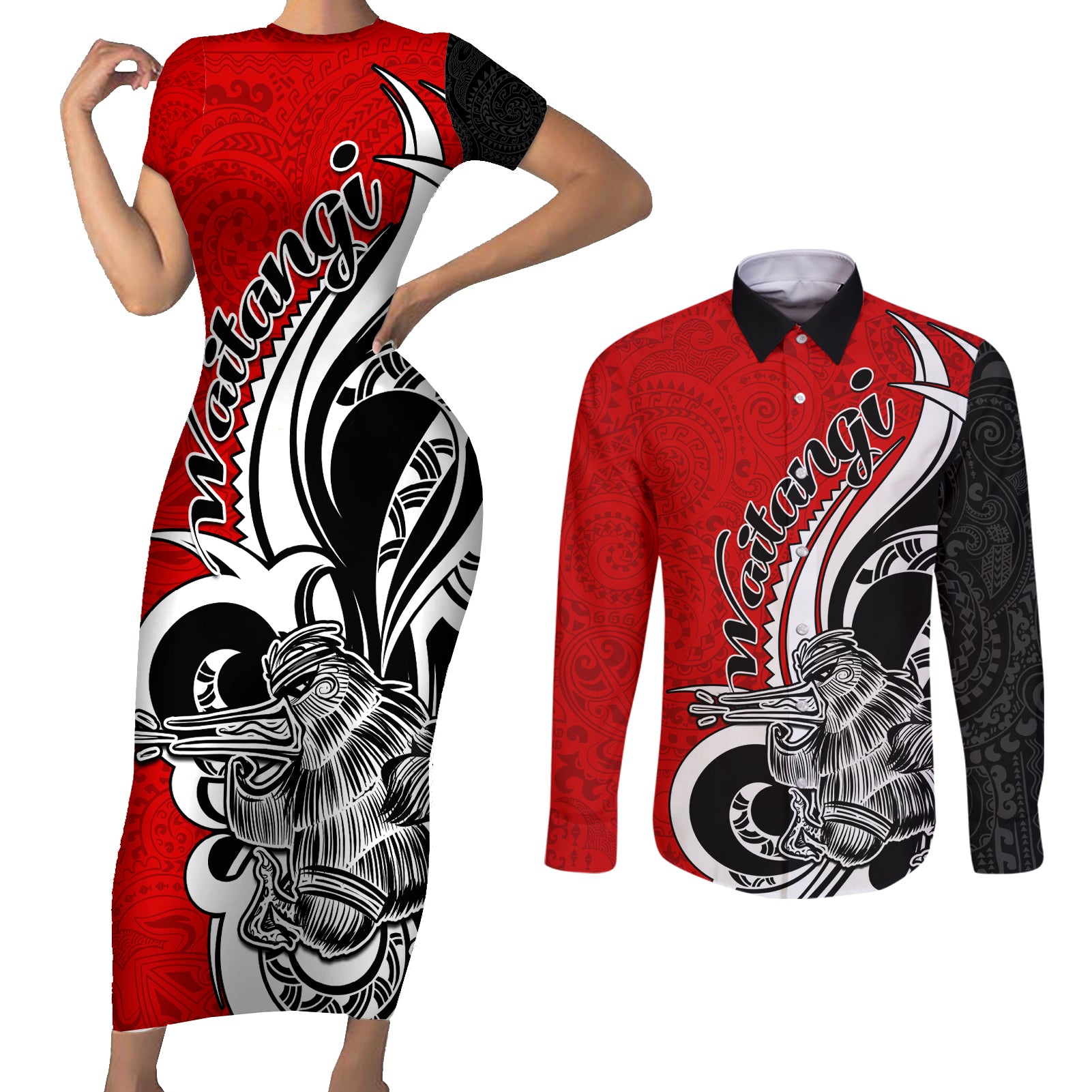 New Zealand Waitangi Day Couples Matching Short Sleeve Bodycon Dress and Long Sleeve Button Shirt Aotearoa Te Tiriti O Waitangi Kiwi Red Version LT01 Red - Polynesian Pride