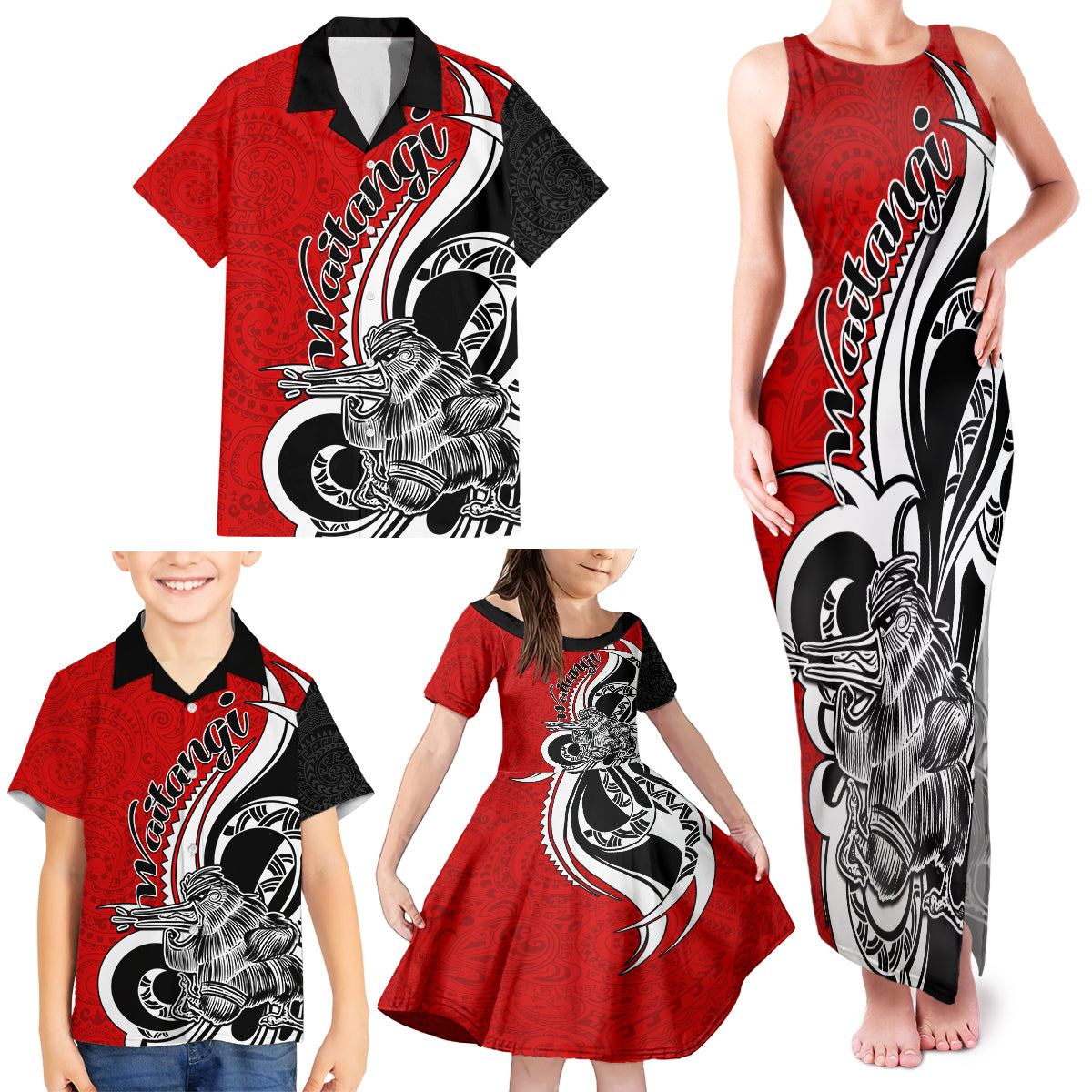 New Zealand Waitangi Day Family Matching Tank Maxi Dress and Hawaiian Shirt Aotearoa Te Tiriti O Waitangi Kiwi Red Version LT01 - Polynesian Pride