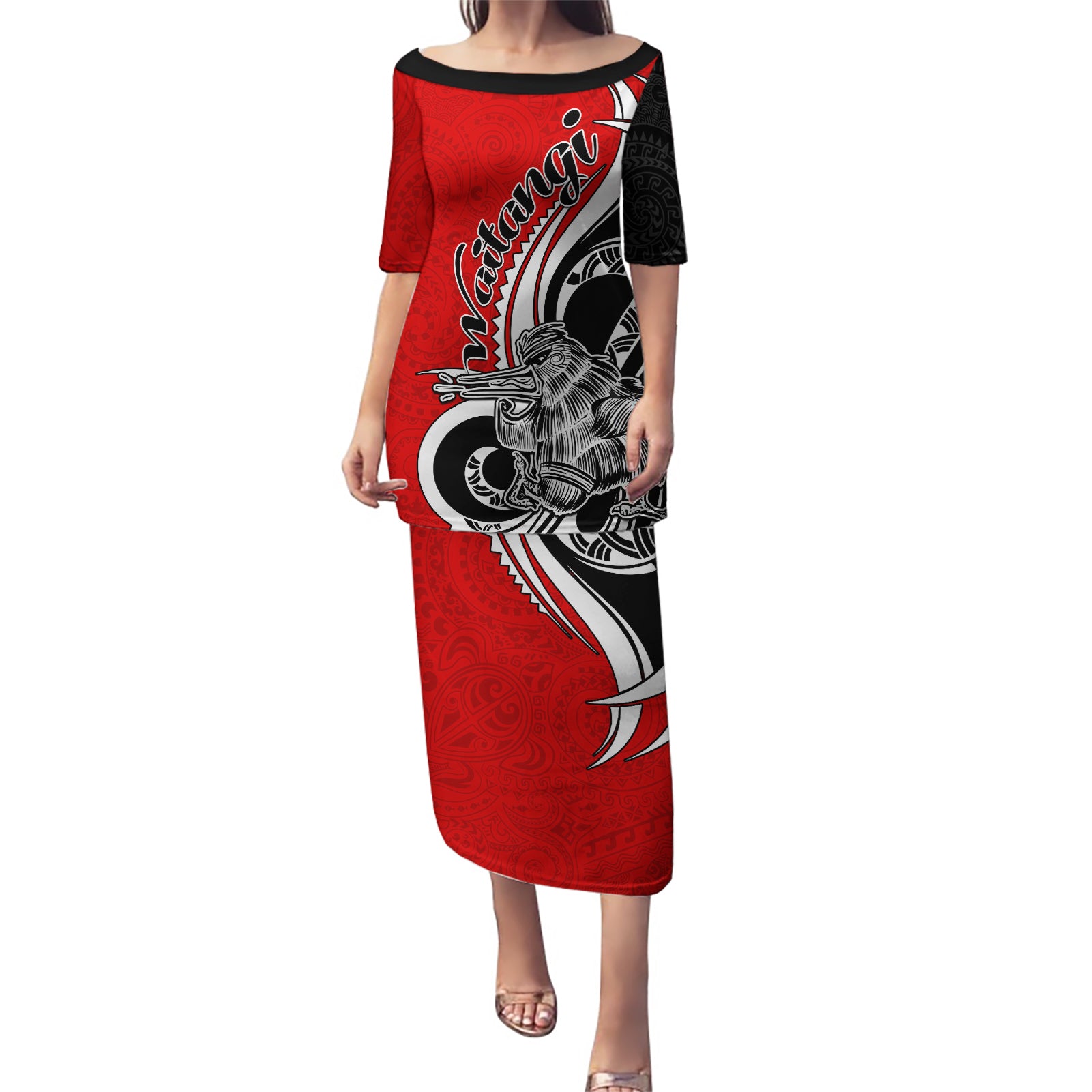 New Zealand Waitangi Day Puletasi Aotearoa Te Tiriti O Waitangi Kiwi Red Version LT01 Long Dress Red - Polynesian Pride