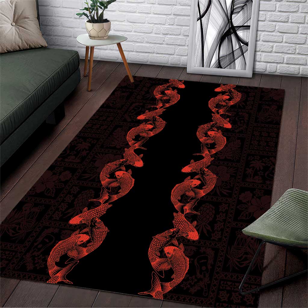 Hawaii Japan Koi Fish Red Area Rug Tapa Pattern LT01 Red - Polynesian Pride