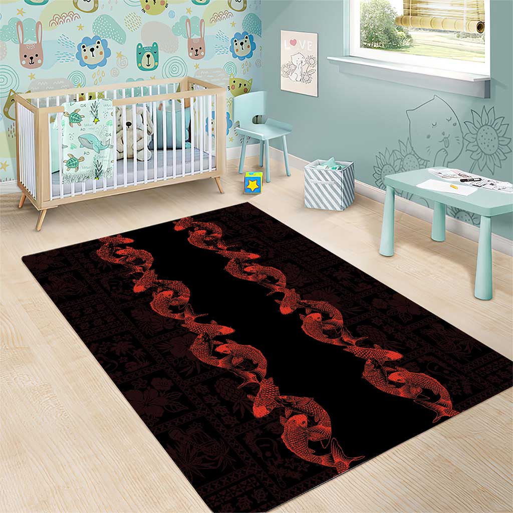 Hawaii Japan Koi Fish Red Area Rug Tapa Pattern LT01 - Polynesian Pride