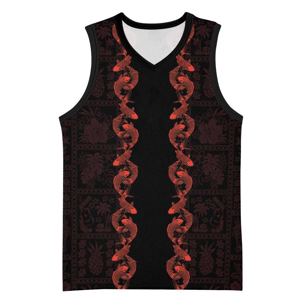 Hawaii Japan Koi Fish Red Basketball Jersey Tapa Pattern LT01 Unisex Red - Polynesian Pride