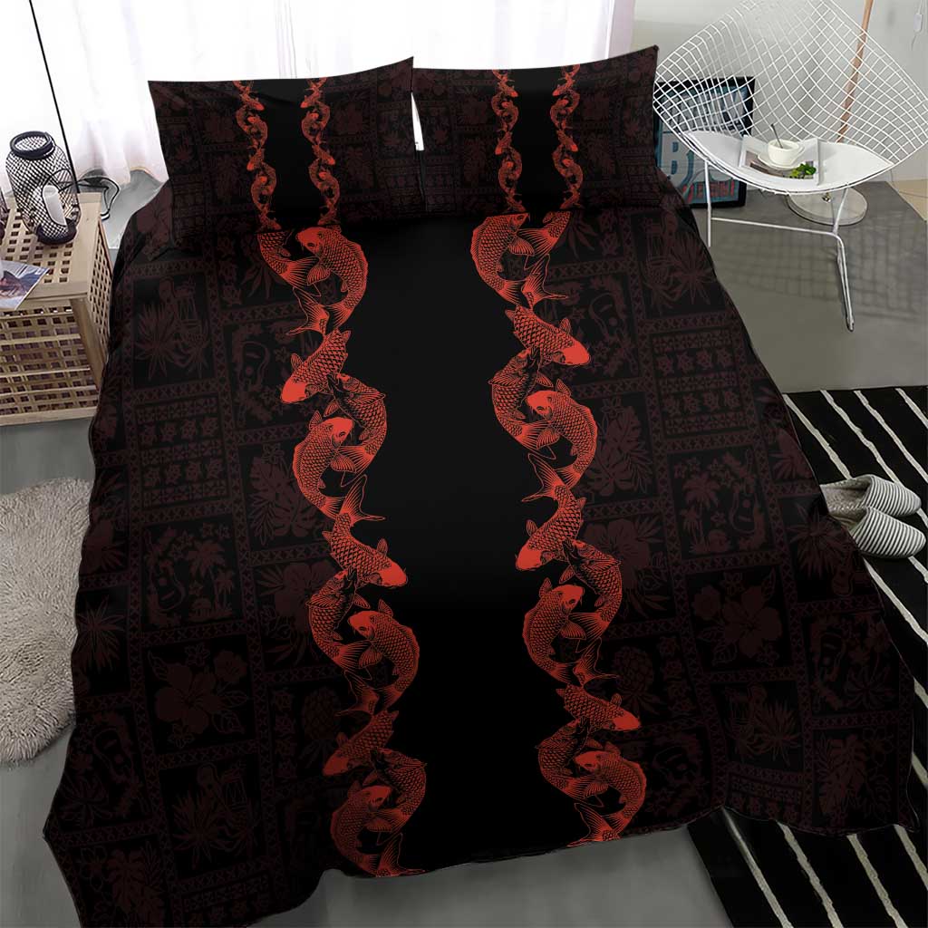 Hawaii Japan Koi Fish Red Bedding Set Tapa Pattern LT01 - Polynesian Pride