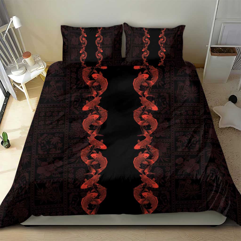 Hawaii Japan Koi Fish Red Bedding Set Tapa Pattern LT01 - Polynesian Pride