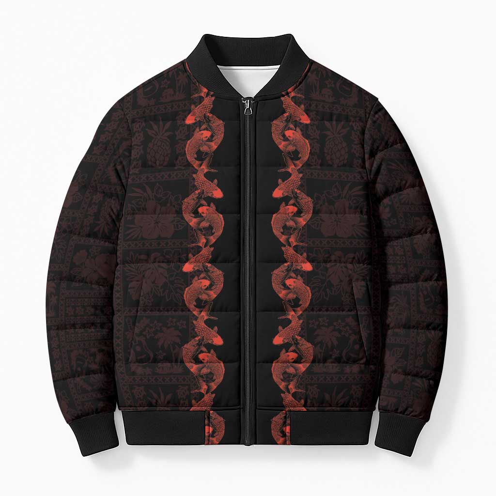 Hawaii Japan Koi Fish Red Bomber Puffer Jacket Tapa Pattern LT01 Unisex Red - Polynesian Pride