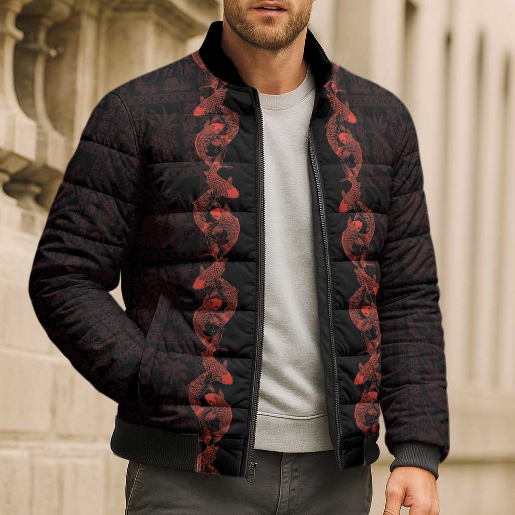 Hawaii Japan Koi Fish Red Bomber Puffer Jacket Tapa Pattern LT01 - Polynesian Pride