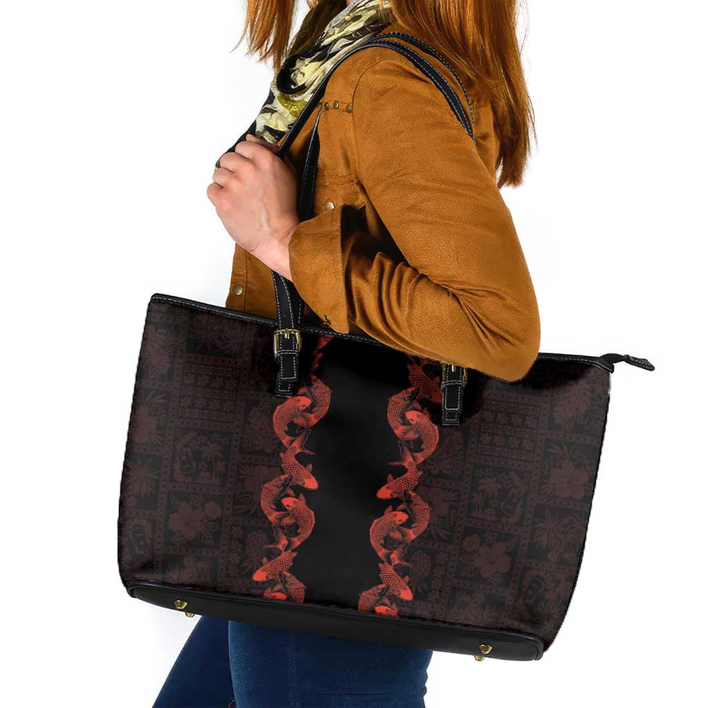 Hawaii Japan Koi Fish Red Leather Tote Bag Tapa Pattern LT01 Red - Polynesian Pride