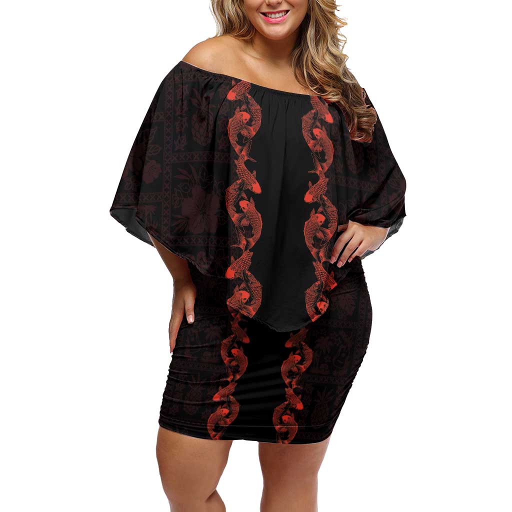 Hawaii Japan Koi Fish Red Off Shoulder Short Dress Tapa Pattern LT01 Women Red - Polynesian Pride