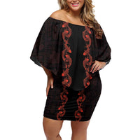 Hawaii Japan Koi Fish Red Off Shoulder Short Dress Tapa Pattern LT01 Women Red - Polynesian Pride