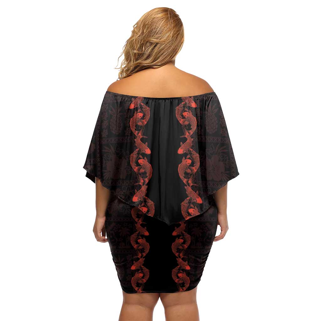 Hawaii Japan Koi Fish Red Off Shoulder Short Dress Tapa Pattern LT01 - Polynesian Pride