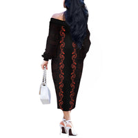 Hawaii Japan Koi Fish Red Off The Shoulder Long Sleeve Dress Tapa Pattern LT01 - Polynesian Pride