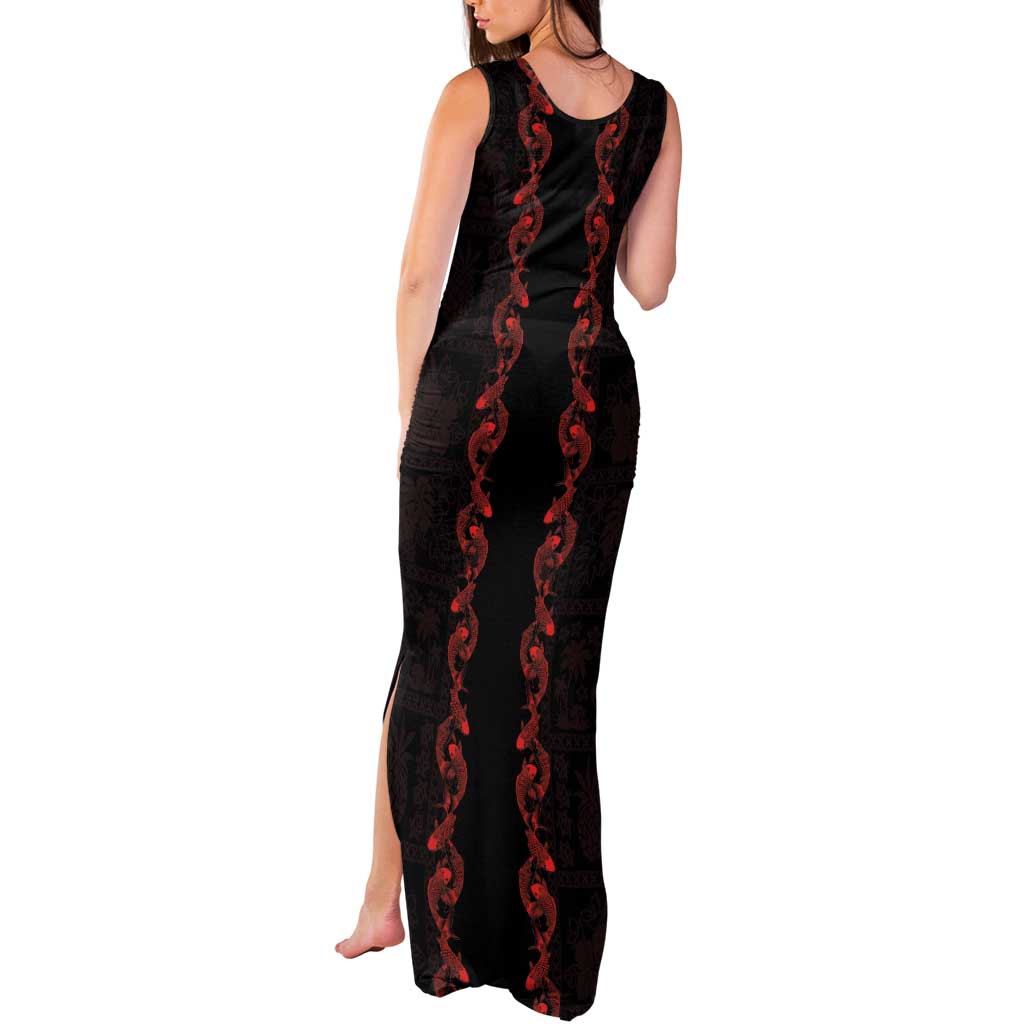 Hawaii Japan Koi Fish Red Tank Maxi Dress Tapa Pattern LT01 - Polynesian Pride