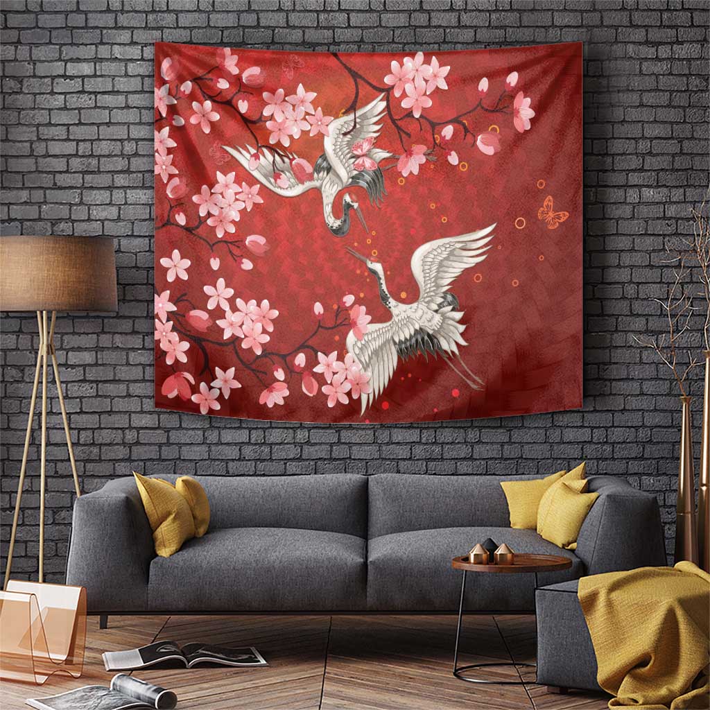 Hawaii Japan Cranes Sakura Flower Red Tapestry Japan Heritage Spirit LT01 Red - Polynesian Pride