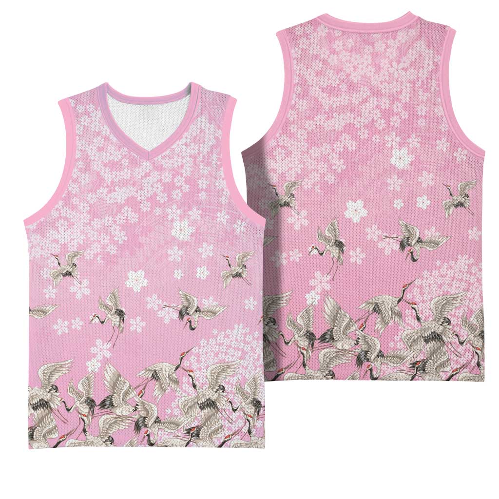 Cranes Sakura Floral Pink Pastel Basketball Jersey Hawaii Japan Culture LT01 - Polynesian Pride