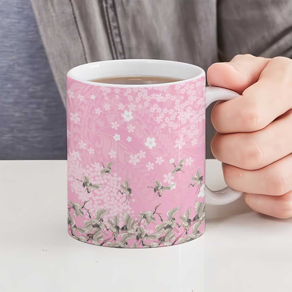 Cranes Sakura Floral Pink Pastel Ceramic Mug Hawaii Japan Culture LT01 - Polynesian Pride